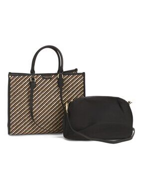 VIOLA CASTELLANI Made In Italy Straw Square Double Handled Tote With Leather Tri